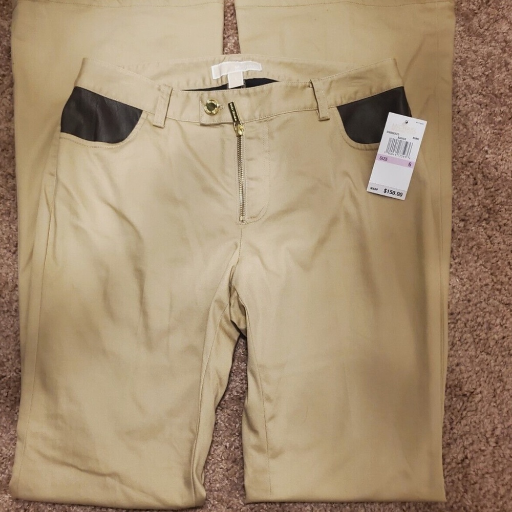 Michael Kors Womens Wide Leg Khaki Pants Faux Leather Pocket Accent Size 8